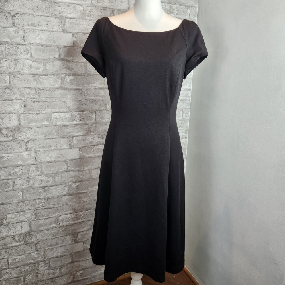 White House Black Market Midi Dress Black Stretch Boatneck Fit and Flare Size 10